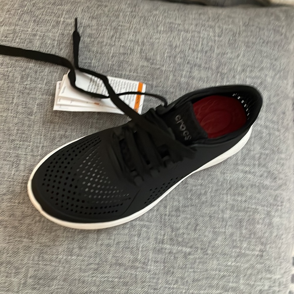 CROCS Black Athletic Sneaker with White Sole and Red Insole NWOT